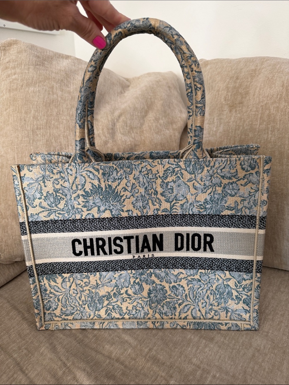 Dior Blue & Beige Floral Embroidered Book Tote